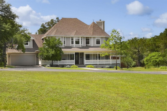 11505 SW Oaks, Austin, TX 78737 - victorian home featuring a porch, driveway, a chimney, a garage, and a front lawn