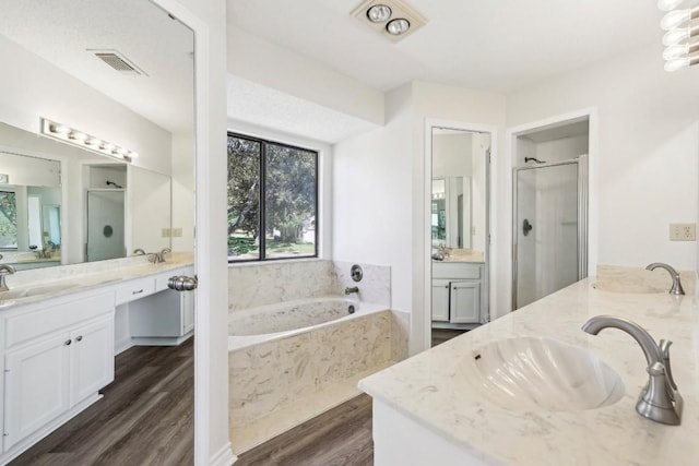 bathroom featuring plus walk in shower, hardwood / wood-style floors, and vanity