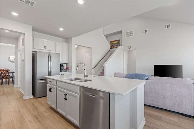 kitchen featuring stainless steel appliances, white cabinetry, a kitchen island with sink, and sink