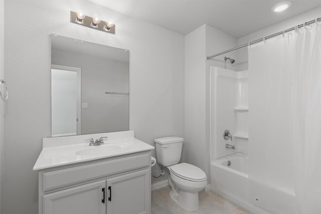 full bathroom with tile patterned floors, shower / bathtub combination with curtain, vanity, and toilet