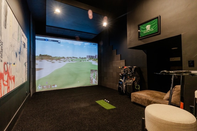 game room with golf simulator and carpet