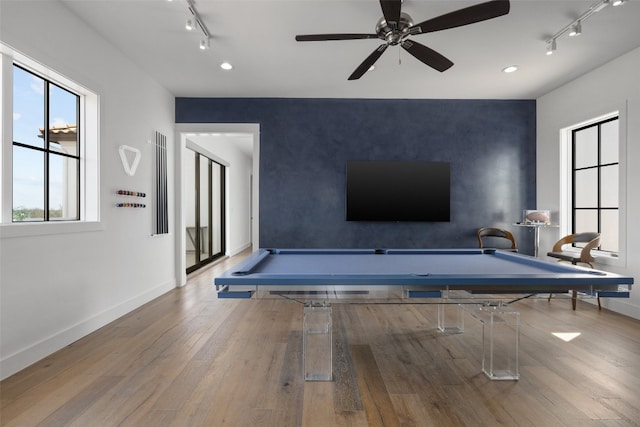 game room featuring ceiling fan, hardwood / wood-style floors, and billiards