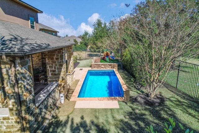 view of pool featuring a playground and a lawn