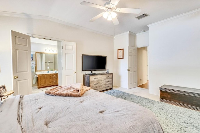 4316 Campo Verde Dr, Austin, TX 78749 - bedroom with crown molding, light carpet, a ceiling fan, ensuite bath, and baseboards