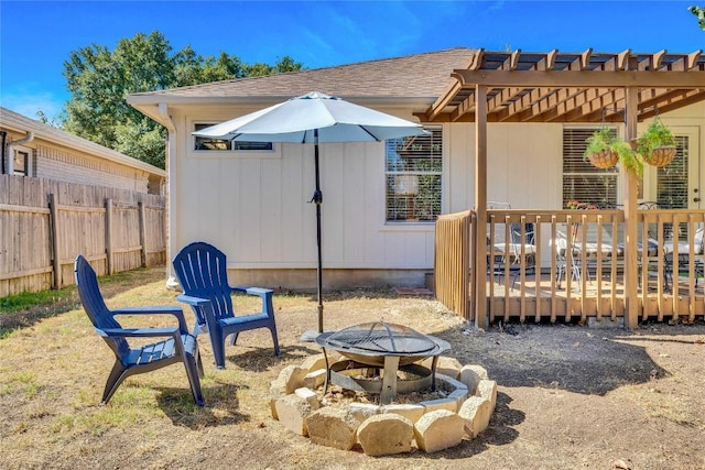 4316 Campo Verde Dr, Austin, TX 78749 - view of yard with an outdoor fire pit, a deck, fence, and a pergola