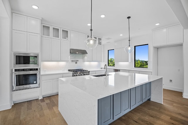 kitchen with white cabinetry, dark hardwood / wood-style flooring, stainless steel appliances, a center island with sink, and sink