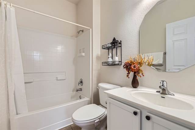 full bathroom with tile patterned floors, shower / bath combination with curtain, toilet, and vanity