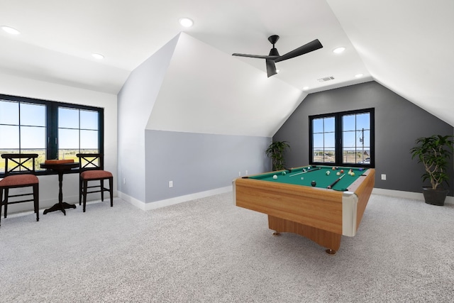 recreation room featuring carpet floors, lofted ceiling, pool table, and a healthy amount of sunlight