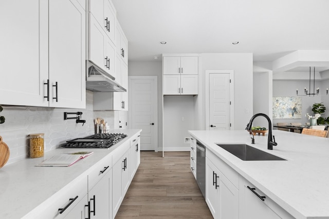 kitchen featuring appliances with stainless steel finishes, a sink, white cabinets, under cabinet range hood, and recessed lighting