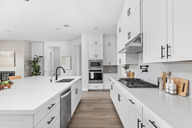 kitchen with white cabinetry, light hardwood / wood-style floors, stainless steel appliances, and sink