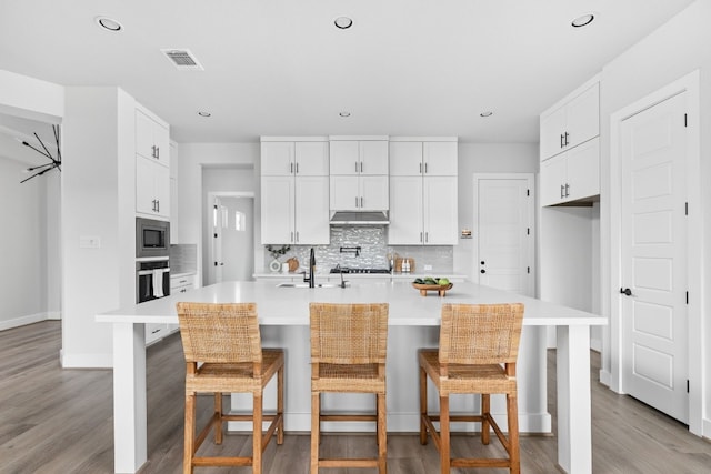kitchen featuring appliances with stainless steel finishes, a sink, decorative backsplash, under cabinet range hood, and visible vents