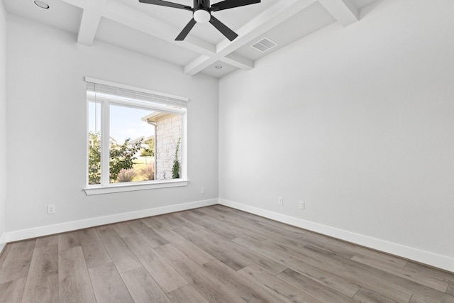 unfurnished room with ceiling fan, coffered ceiling, beamed ceiling, and light wood-type flooring