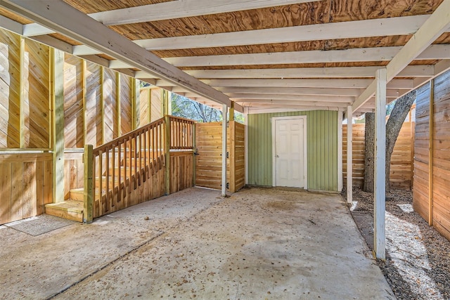 view of patio with a shed