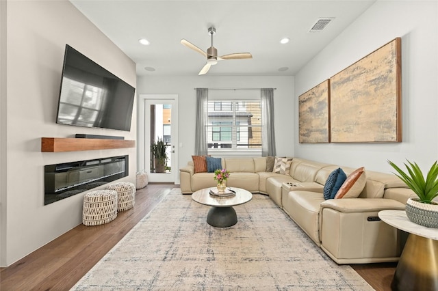 living room with ceiling fan and hardwood / wood-style flooring