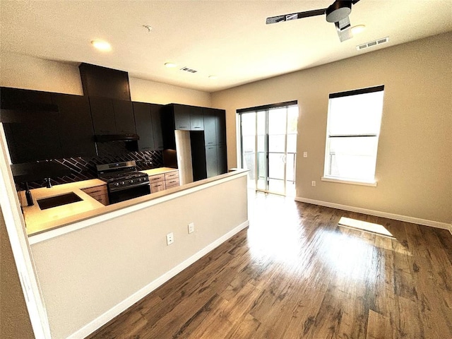 4510 Terry-O Ln Unit 406, Austin, TX 78745 - kitchen with range with gas cooktop, dark cabinetry, a sink, under cabinet range hood, and a ceiling fan
