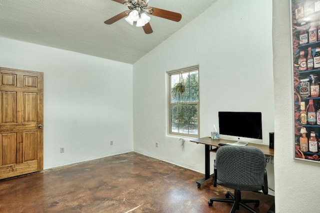 office space with ceiling fan, a textured ceiling, and vaulted ceiling