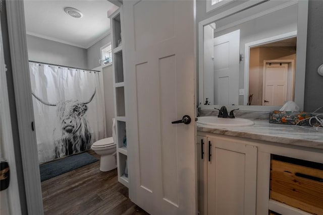 1256 Sunrise Vis, Thorndale, TX 76577 - bathroom featuring a shower with curtain, toilet, wood finished floors, vanity, and ornamental molding
