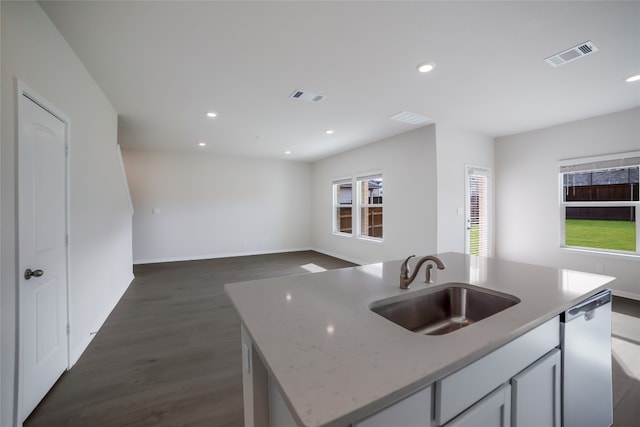 kitchen featuring stainless steel dishwasher, a healthy amount of sunlight, sink, and a kitchen island with sink