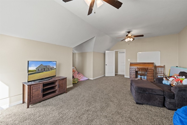 carpeted living room featuring ceiling fan and lofted ceiling