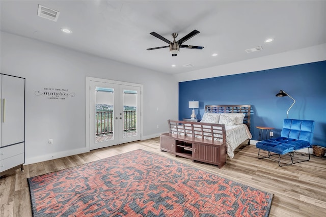 bedroom featuring ceiling fan, french doors, light hardwood / wood-style floors, and access to outside