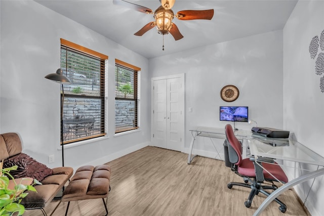 office area featuring light hardwood / wood-style floors and ceiling fan