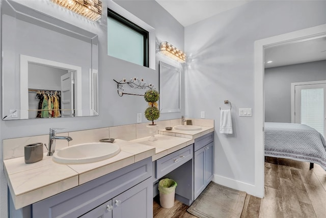 bathroom with vanity, hardwood / wood-style floors, and a healthy amount of sunlight