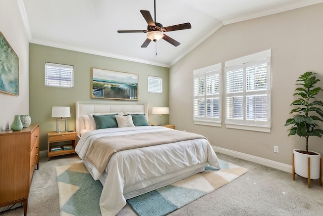 bedroom with light carpet, ornamental molding, multiple windows, and lofted ceiling