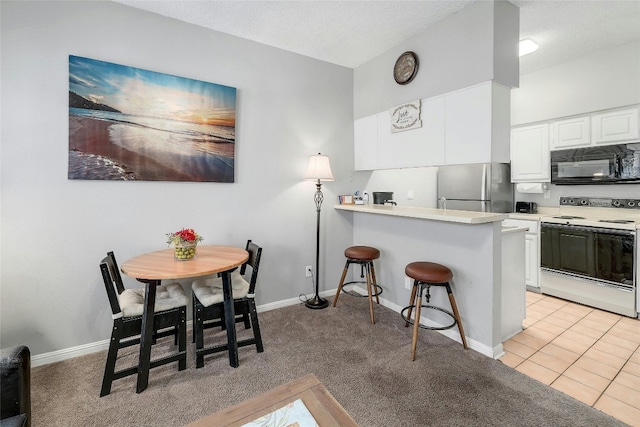 dining room featuring a textured ceiling and light colored carpet