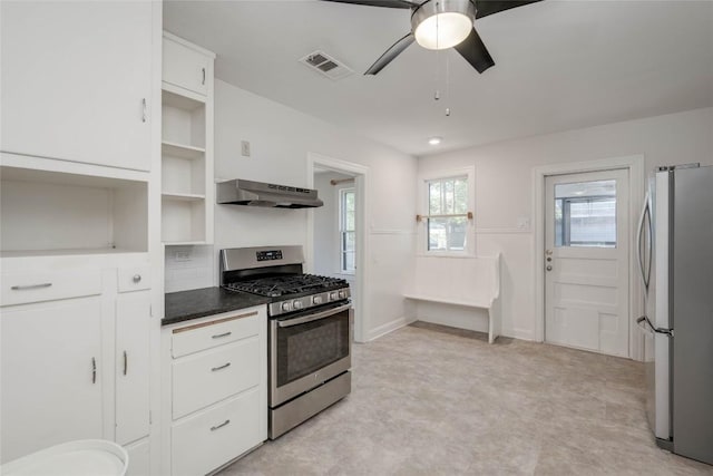 kitchen featuring under cabinet range hood, stainless steel appliances, visible vents, white cabinetry, and open shelves