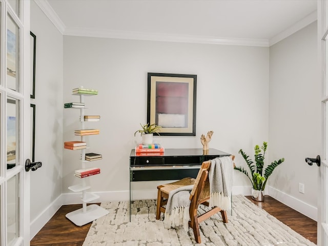 home office featuring crown molding and dark wood-type flooring