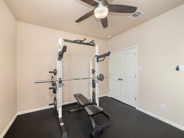 workout room with ceiling fan