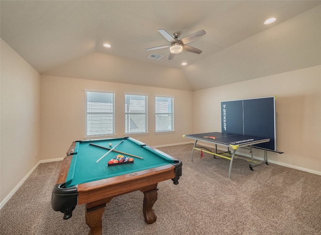 game room featuring ceiling fan, lofted ceiling, carpet flooring, and billiards