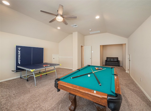 playroom with carpet, vaulted ceiling, ceiling fan, and billiards