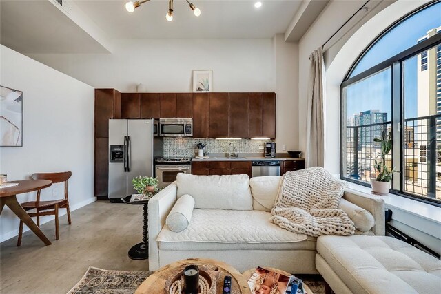 living room with sink and a high ceiling