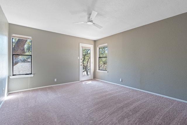 unfurnished room with carpet flooring, ceiling fan, a healthy amount of sunlight, and a textured ceiling