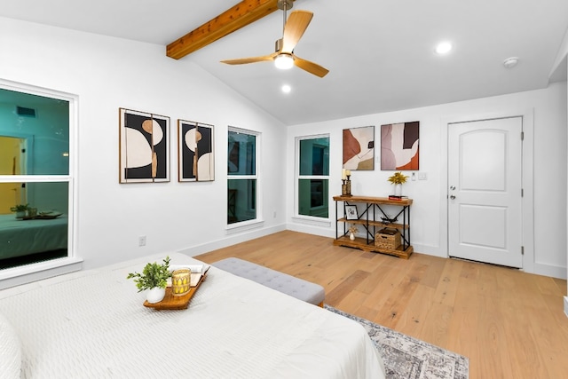 dining space featuring lofted ceiling with beams, light hardwood / wood-style floors, and ceiling fan