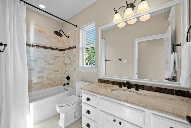 full bathroom with shower / bath combination with curtain, tile patterned flooring, vanity, and toilet