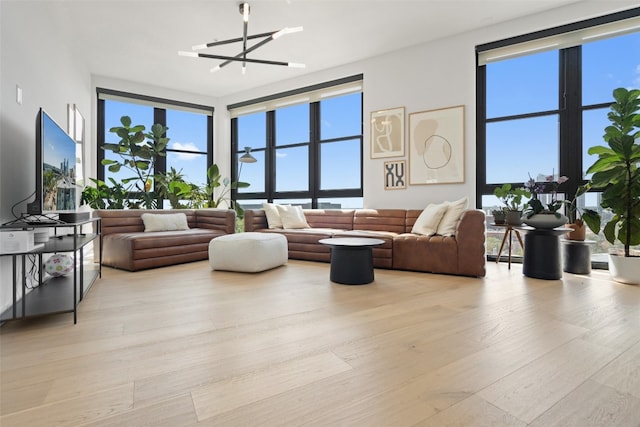 living room with light hardwood / wood-style floors, a wealth of natural light, and an inviting chandelier