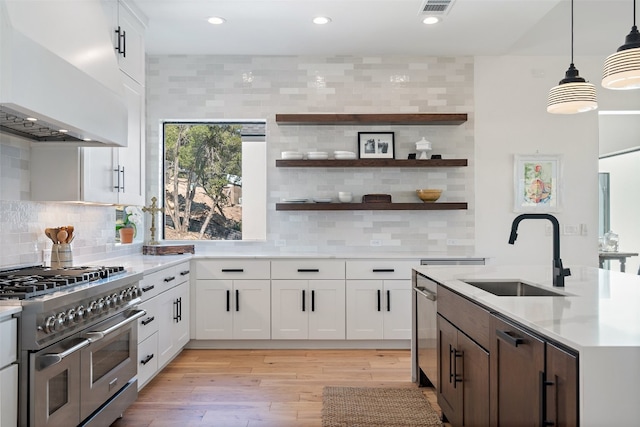 kitchen with stainless steel appliances, white cabinets, hanging light fixtures, and sink