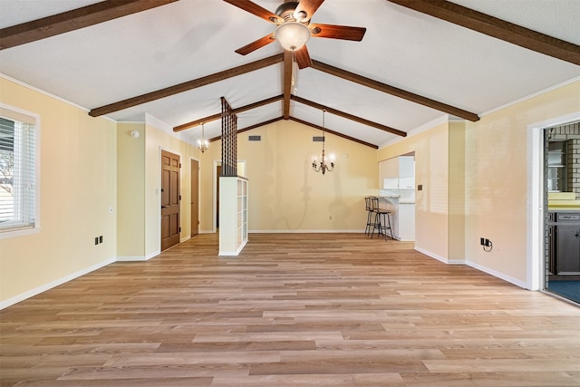 unfurnished living room featuring ceiling fan with notable chandelier, vaulted ceiling with beams, and light hardwood / wood-style floors