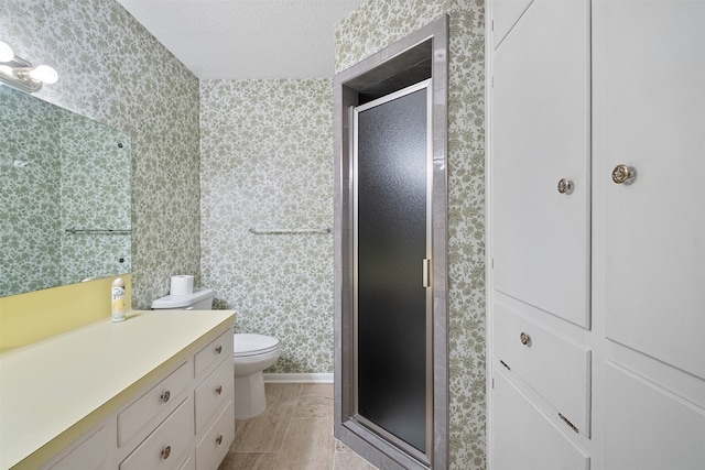 bathroom featuring vanity, a textured ceiling, toilet, and an enclosed shower