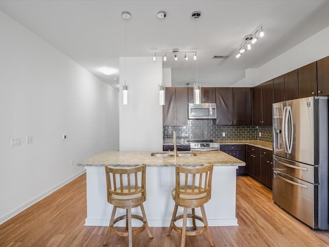 kitchen featuring decorative backsplash, light wood-type flooring, dark brown cabinets, stainless steel appliances, and hanging light fixtures