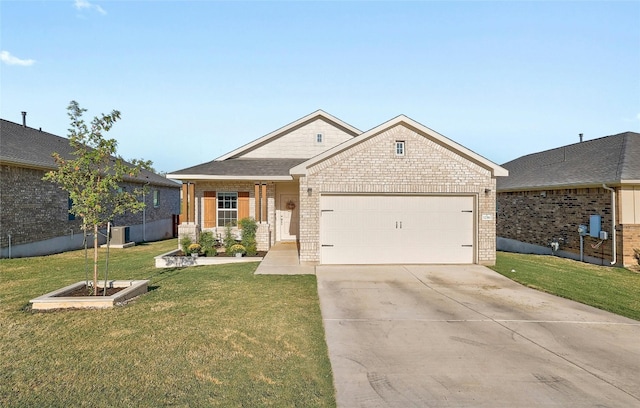 craftsman-style home with a garage and a front lawn