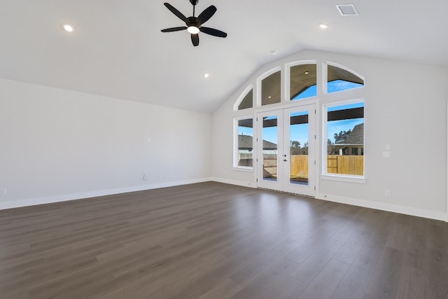 unfurnished living room with french doors, ceiling fan, lofted ceiling, and dark hardwood / wood-style flooring