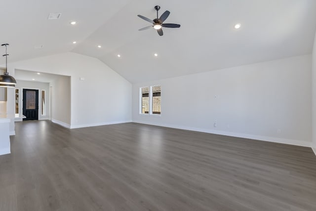 unfurnished living room featuring ceiling fan, high vaulted ceiling, and dark hardwood / wood-style flooring