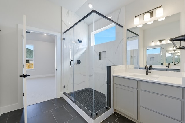 bathroom with tile patterned flooring, vanity, plenty of natural light, and an enclosed shower