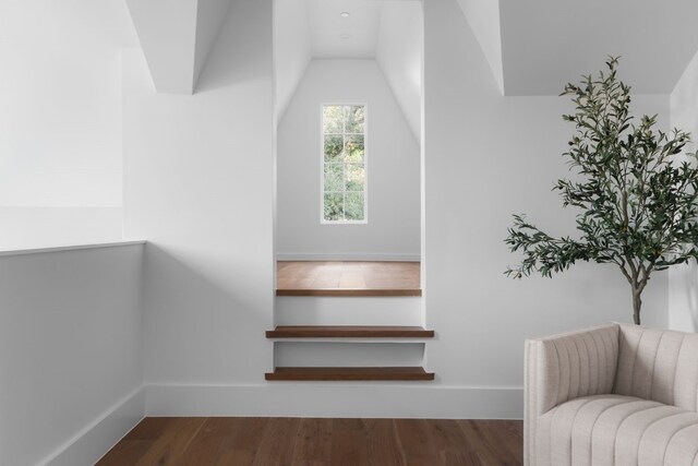 stairway featuring lofted ceiling and hardwood / wood-style floors