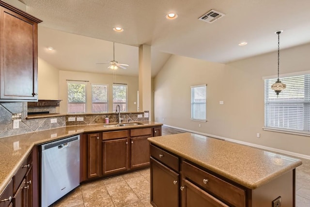 kitchen featuring ceiling fan, recessed lighting, a sink, visible vents, and dishwasher