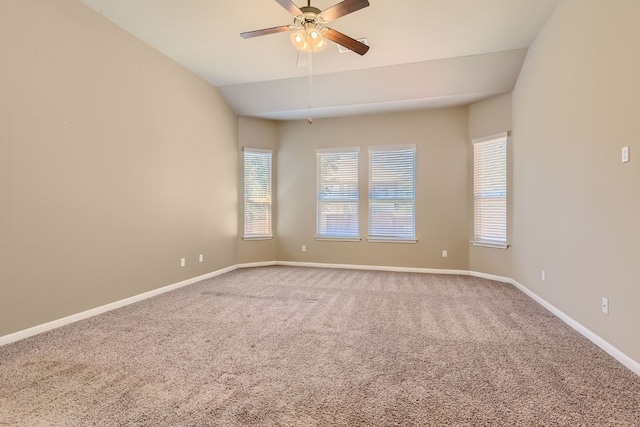 unfurnished room featuring carpet flooring, ceiling fan, and lofted ceiling