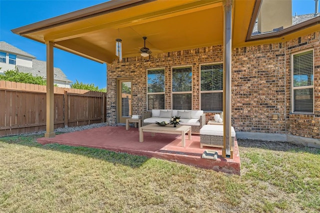 view of patio / terrace with a ceiling fan, outdoor lounge area, and fence